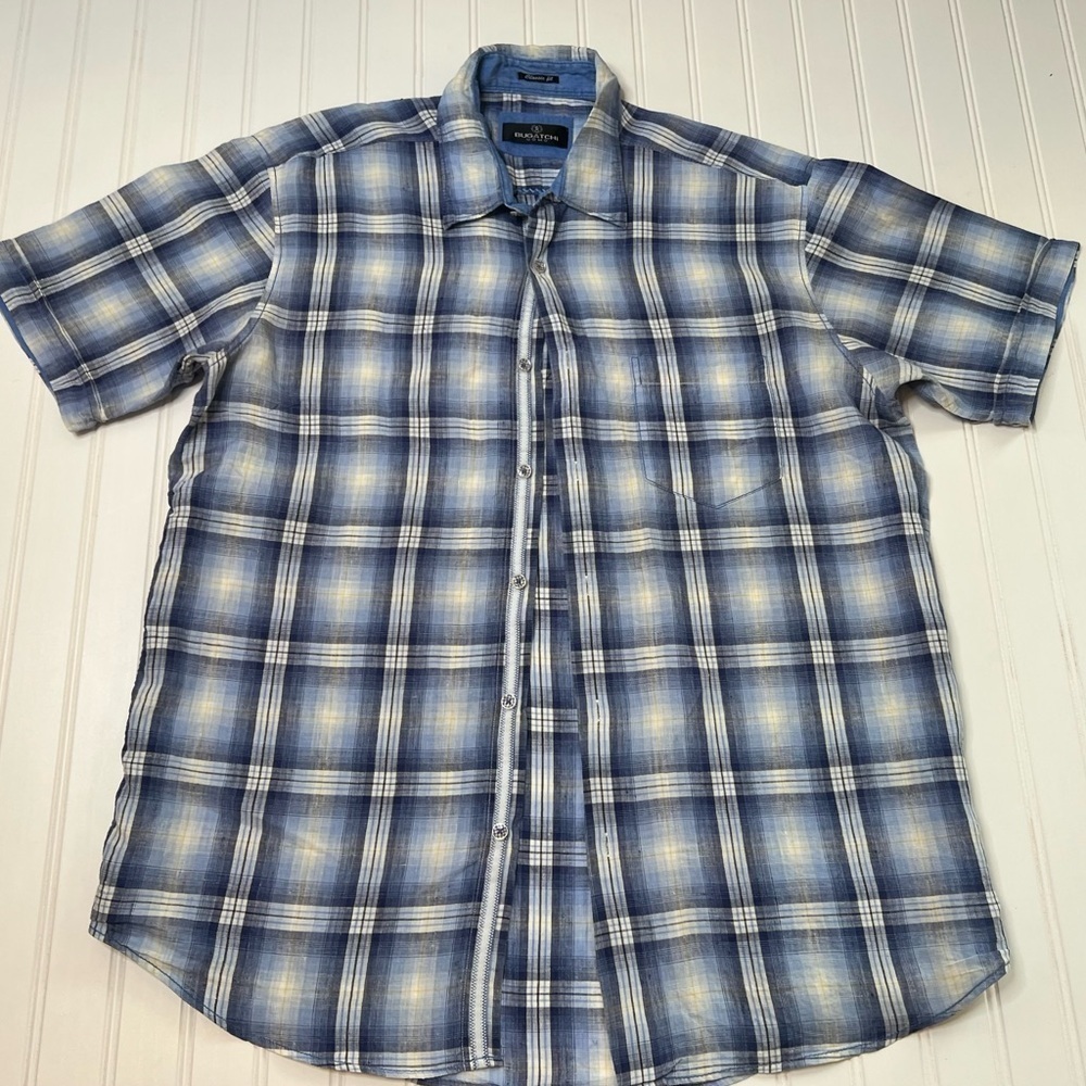 Bugatchi Uomo 100% Linen Shirt Mens Large Blue Plaid Classic Fit Button Up 899